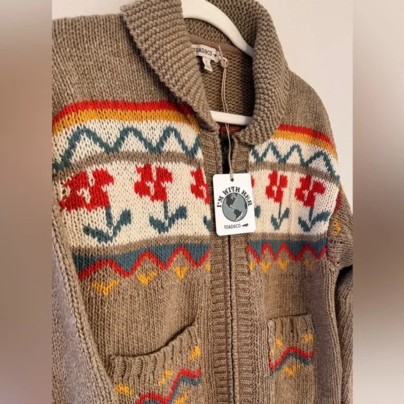 Toad&Co Brown Fair Isle Zip-Front Wool Sweater Jacket with Red & Teal Accents - Picture 6 of 6